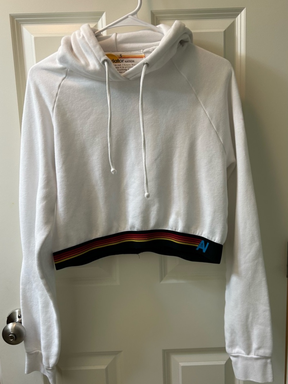 Aviator Nation White Cropped Hoodie with Rainbow Stripe Hem